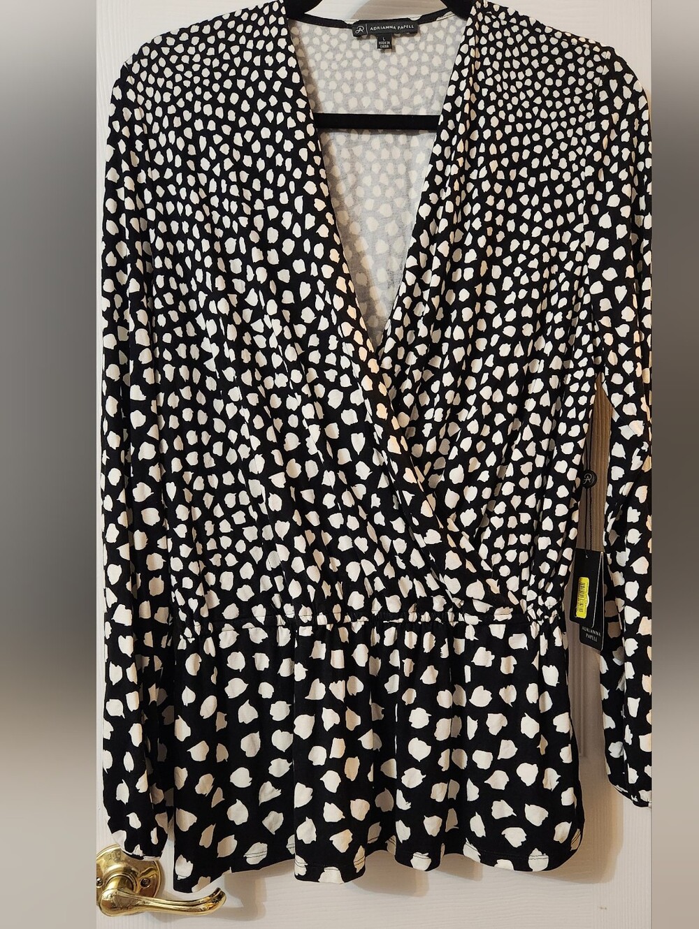 Adrianna Papell Black and White Abstract Dot Wrap Peplum Top